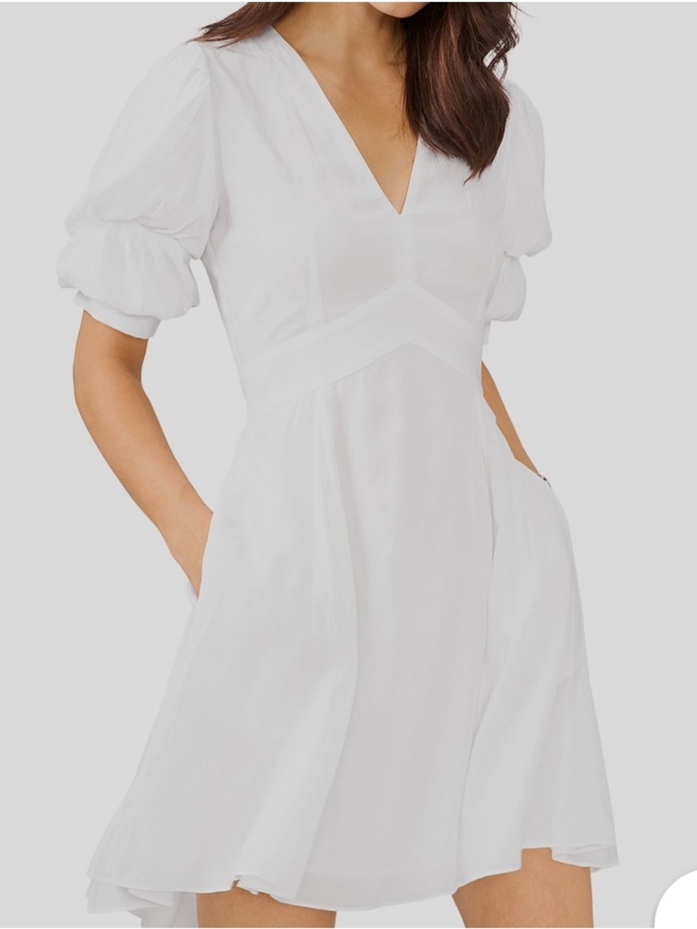 1. State White V-Neck Puff Sleeve Smocked Waist Mini Dress